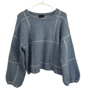 Miou Muse Womens Blue White Grid Striped Cropped Crewneck Sweater Small